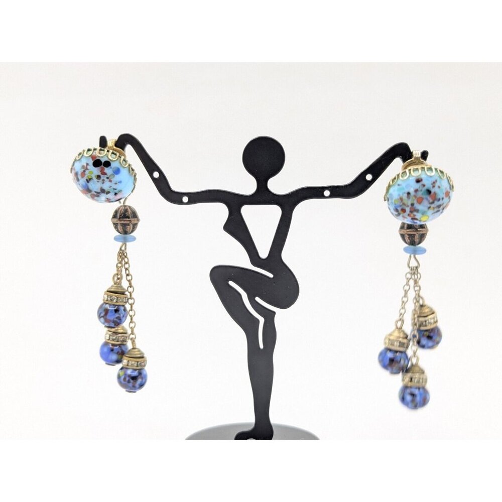 Vtg Beaded Faux Art Glass Rhinestone Dangle Drop Earrings By Kramer Of NY 3" HTF